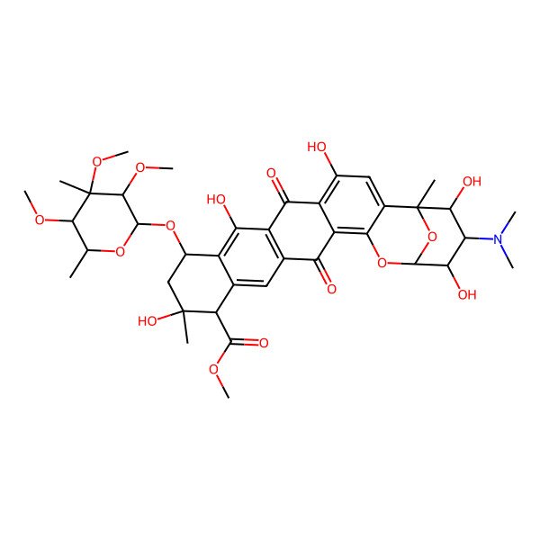 2D Structure of methyl (1S,10R,12R,13S,22R,23S,24S)-23-(dimethylamino)-4,8,12,22,24-pentahydroxy-1,12-dimethyl-6,17-dioxo-10-[(2S,3S,4R,5R,6R)-3,4,5-trimethoxy-4,6-dimethyloxan-2-yl]oxy-20,25-dioxahexacyclo[19.3.1.02,19.05,18.07,16.09,14]pentacosa-2,4,7(16),8,14,18-hexaene-13-carboxylate