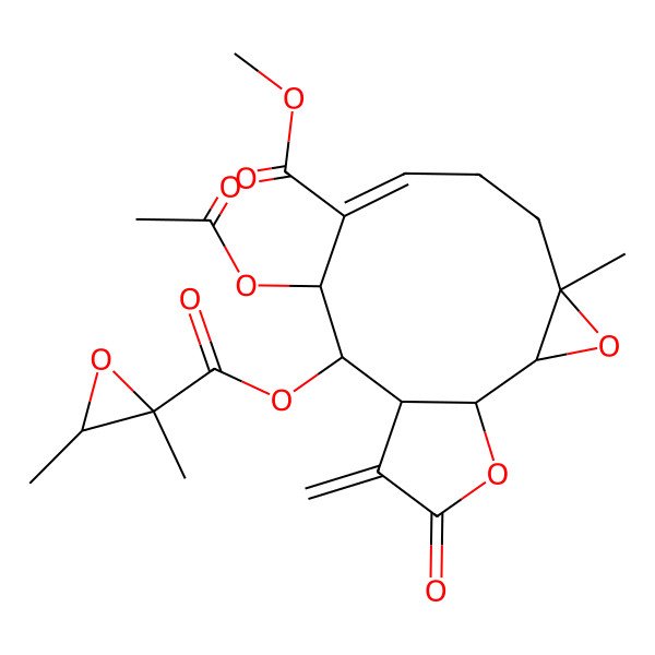 2D Structure of methyl (1S,2S,4R,7E,9R,10S,11R)-9-acetyloxy-10-[(2S,3R)-2,3-dimethyloxirane-2-carbonyl]oxy-4-methyl-12-methylidene-13-oxo-3,14-dioxatricyclo[9.3.0.02,4]tetradec-7-ene-8-carboxylate