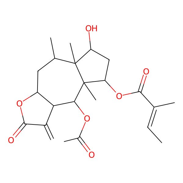 2D Structure of (9-Acetyloxy-6-hydroxy-5,5a,8a-trimethyl-1-methylidene-2-oxo-3a,4,5,6,7,8,9,9a-octahydroazuleno[6,7-b]furan-8-yl) 2-methylbut-2-enoate