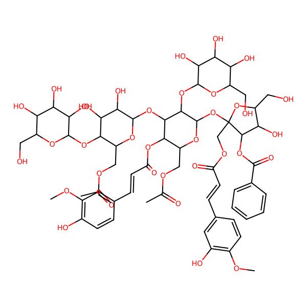2D Structure of [2-[6-(Acetyloxymethyl)-4-[6-(acetyloxymethyl)-3,4-dihydroxy-5-[3,4,5-trihydroxy-6-(hydroxymethyl)oxan-2-yl]oxyoxan-2-yl]oxy-5-[3-(4-hydroxy-3-methoxyphenyl)prop-2-enoyloxy]-3-[3,4,5-trihydroxy-6-(hydroxymethyl)oxan-2-yl]oxyoxan-2-yl]oxy-4-hydroxy-2-[3-(3-hydroxy-4-methoxyphenyl)prop-2-enoyloxymethyl]-5-(hydroxymethyl)oxolan-3-yl] benzoate