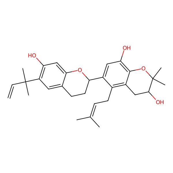 2D Structure of (3S)-6-[(2S)-7-hydroxy-6-(2-methylbut-3-en-2-yl)-3,4-dihydro-2H-chromen-2-yl]-2,2-dimethyl-5-(3-methylbut-2-enyl)-3,4-dihydrochromene-3,8-diol