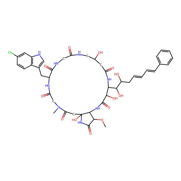 2D Structure of 16-[(6-chloro-1H-indol-3-yl)methyl]-5-(1,2-dihydroxy-7-phenylhepta-4,6-dienyl)-4,9,23-trihydroxy-26-methoxy-20-methyl-2,6,11,14,17,20,24-heptazabicyclo[21.3.0]hexacosane-3,7,12,15,18,21,25-heptone