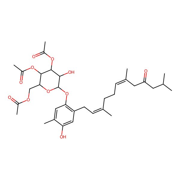 2D Structure of [(2R,3S,4R,5R,6S)-3,4-diacetyloxy-5-hydroxy-6-[4-hydroxy-5-methyl-2-[(2E,6E)-3,7,11-trimethyl-9-oxododeca-2,6-dienyl]phenoxy]oxan-2-yl]methyl acetate