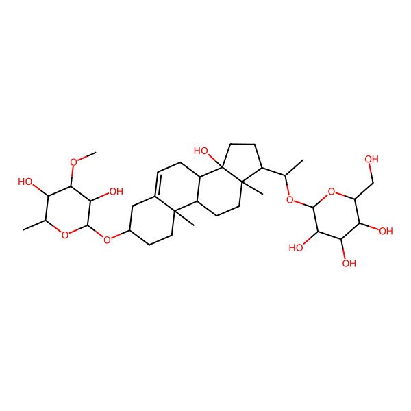 2D Structure of (2R,3S,5S)-2-[1-[(3S,10R,13R,14S,17S)-3-[(2R,3S,5S)-3,5-dihydroxy-4-methoxy-6-methyloxan-2-yl]oxy-14-hydroxy-10,13-dimethyl-1,2,3,4,7,8,9,11,12,15,16,17-dodecahydrocyclopenta[a]phenanthren-17-yl]ethoxy]-6-(hydroxymethyl)oxane-3,4,5-triol