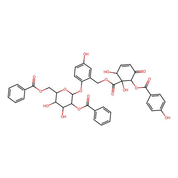2D Structure of [2-[(2S,3R,4S,5S,6R)-3-benzoyloxy-6-(benzoyloxymethyl)-4,5-dihydroxyoxan-2-yl]oxy-5-hydroxyphenyl]methyl (1R,2R,6R)-1,2-dihydroxy-6-(4-hydroxybenzoyl)oxy-5-oxocyclohex-3-ene-1-carboxylate