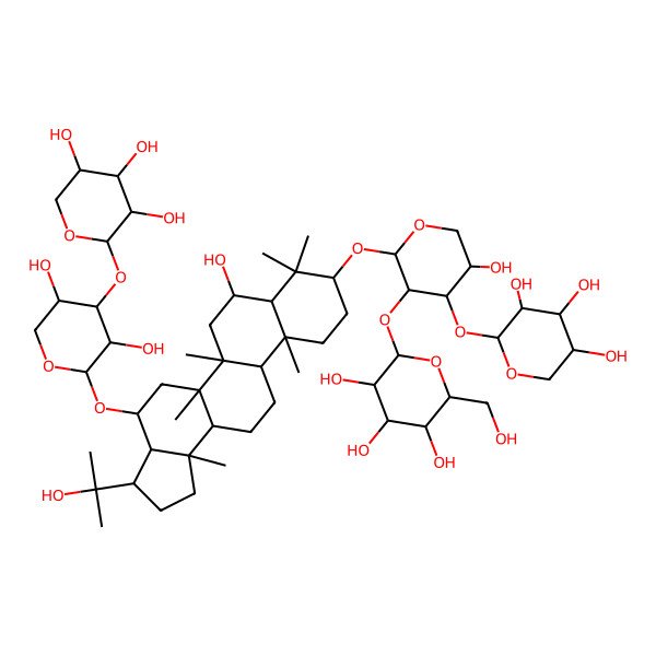 2D Structure of (2S,3R,4S,5S,6R)-2-[(2S,3R,4S,5S)-2-[[(3S,3aS,4S,5aR,5bR,7S,7aR,9S,11aR,11bR,13aR,13bR)-4-[(2S,3R,4S,5S)-3,5-dihydroxy-4-[(2S,3R,4S,5R)-3,4,5-trihydroxyoxan-2-yl]oxyoxan-2-yl]oxy-7-hydroxy-3-(2-hydroxypropan-2-yl)-5a,5b,8,8,11a,13b-hexamethyl-1,2,3,3a,4,5,6,7,7a,9,10,11,11b,12,13,13a-hexadecahydrocyclopenta[a]chrysen-9-yl]oxy]-5-hydroxy-4-[(2S,3R,4S,5R)-3,4,5-trihydroxyoxan-2-yl]oxyoxan-3-yl]oxy-6-(hydroxymethyl)oxane-3,4,5-triol