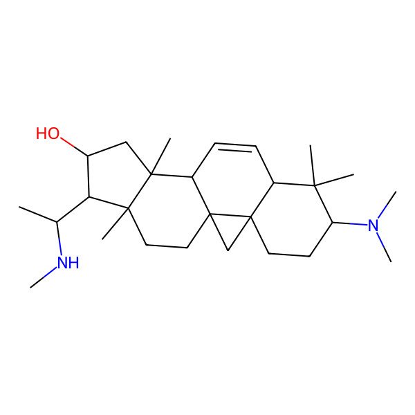 2D Structure of (1S,3R,6S,8R,11S,12S,14R,15S,16R)-6-(dimethylamino)-7,7,12,16-tetramethyl-15-[(1R)-1-(methylamino)ethyl]pentacyclo[9.7.0.01,3.03,8.012,16]octadec-9-en-14-ol