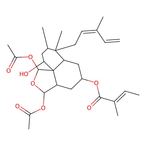 2D Structure of [(1R,3S,3aS,5R,6aR,7S,8S,10R,10aS)-1,3-diacetyloxy-10-hydroxy-7,8-dimethyl-7-[(2E)-3-methylpenta-2,4-dienyl]-1,3,3a,4,5,6,6a,8,9,10-decahydrobenzo[d][2]benzofuran-5-yl] (E)-2-methylbut-2-enoate