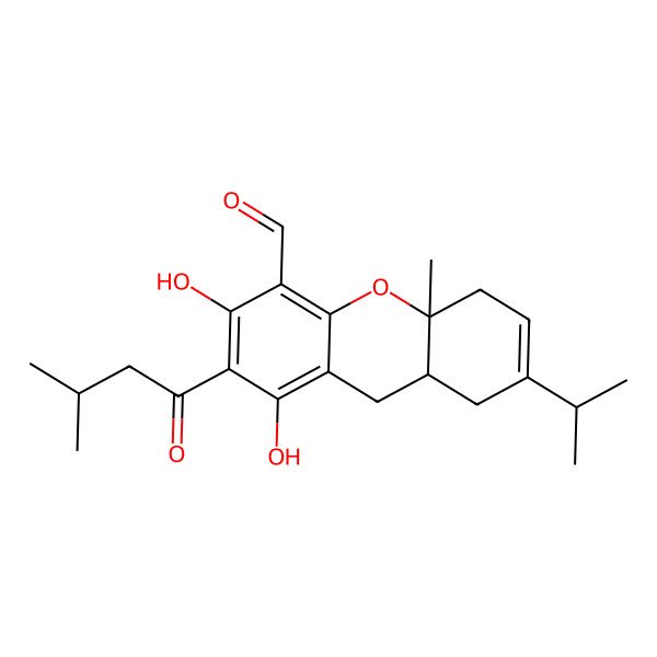 2D Structure of (8aS,10aS)-1,3-dihydroxy-10a-methyl-2-(3-methylbutanoyl)-7-propan-2-yl-5,8,8a,9-tetrahydroxanthene-4-carbaldehyde