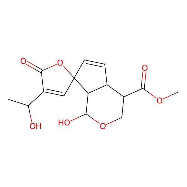 2D Structure of methyl (1R,4R,4aR,7R,7aS)-1-hydroxy-4'-[(1R)-1-hydroxyethyl]-5'-oxospiro[3,4,4a,7a-tetrahydro-1H-cyclopenta[c]pyran-7,2'-furan]-4-carboxylate