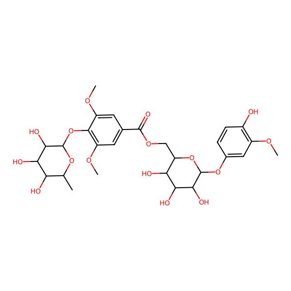 2D Structure of [(2R,3S,4S,5R,6S)-3,4,5-trihydroxy-6-(4-hydroxy-3-methoxyphenoxy)oxan-2-yl]methyl 3,5-dimethoxy-4-[(2S,3R,4R,5R,6S)-3,4,5-trihydroxy-6-methyloxan-2-yl]oxybenzoate