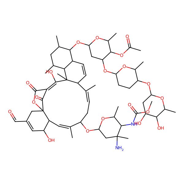2D Structure of [6-[[9-[4-Amino-5-(methoxycarbonylamino)-4,6-dimethyloxan-2-yl]oxy-3-formyl-5,23-dihydroxy-8,12,18,20,22-pentamethyl-25,27-dioxo-26-oxapentacyclo[22.2.1.01,6.013,22.016,21]heptacosa-3,7,11,14,23-pentaen-17-yl]oxy]-4-[5-(4,5-dihydroxy-6-methyloxan-2-yl)oxy-6-methyloxan-2-yl]oxy-2-methyloxan-3-yl] acetate