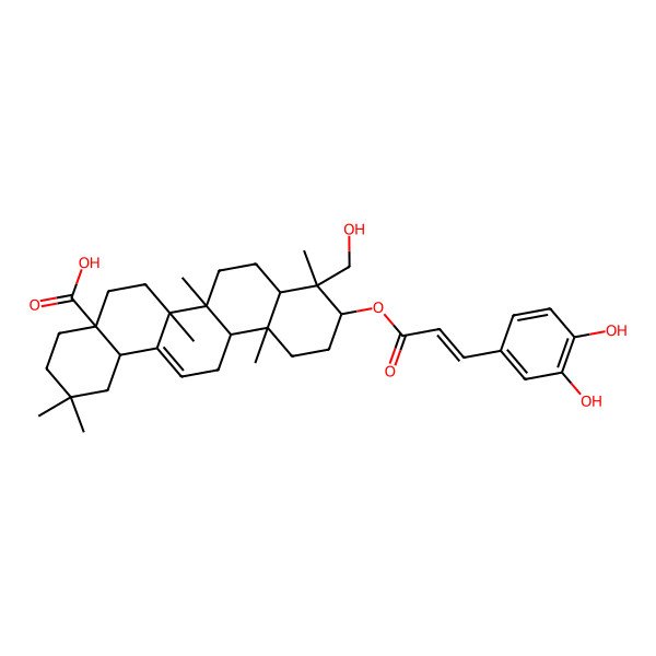 2D Structure of (4aS,6aR,6aS,6bR,8aR,9R,10S,12aR,14bR)-10-[(E)-3-(3,4-dihydroxyphenyl)prop-2-enoyl]oxy-9-(hydroxymethyl)-2,2,6a,6b,9,12a-hexamethyl-1,3,4,5,6,6a,7,8,8a,10,11,12,13,14b-tetradecahydropicene-4a-carboxylic acid