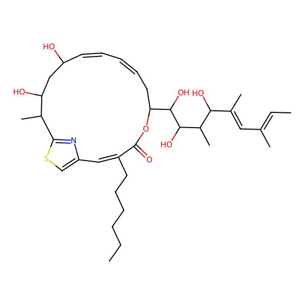 2D Structure of 3-Hexyl-12,14-dihydroxy-15-methyl-6-(1,2,4-trihydroxy-3,5,7-trimethylnona-5,7-dienyl)-5-oxa-17-thia-19-azabicyclo[14.2.1]nonadeca-1(18),2,8,10,16(19)-pentaen-4-one