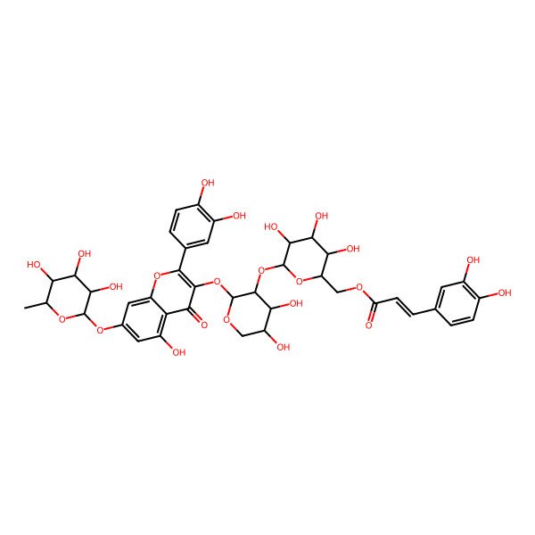 2D Structure of [6-[2-[2-(3,4-Dihydroxyphenyl)-5-hydroxy-4-oxo-7-(3,4,5-trihydroxy-6-methyloxan-2-yl)oxychromen-3-yl]oxy-4,5-dihydroxyoxan-3-yl]oxy-3,4,5-trihydroxyoxan-2-yl]methyl 3-(3,4-dihydroxyphenyl)prop-2-enoate