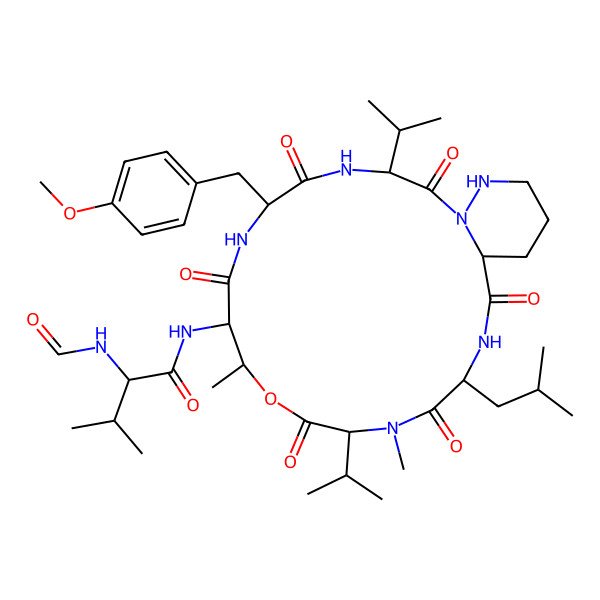 2D Structure of 2-formamido-N-[6-[(4-methoxyphenyl)methyl]-10,14-dimethyl-16-(2-methylpropyl)-2,5,8,12,15,18-hexaoxo-3,13-di(propan-2-yl)-11-oxa-1,4,7,14,17,23-hexazabicyclo[17.4.0]tricosan-9-yl]-3-methylbutanamide