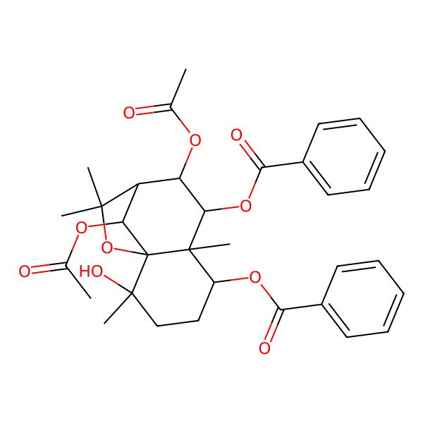 2D Structure of [(1S,2S,5S,6S,7R,8S,9R,12R)-8,12-diacetyloxy-7-benzoyloxy-2-hydroxy-2,6,10,10-tetramethyl-11-oxatricyclo[7.2.1.01,6]dodecan-5-yl] benzoate