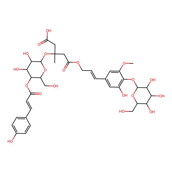 2D Structure of (3S)-3-[(2S,3R,4R,5S,6R)-3,4-dihydroxy-6-(hydroxymethyl)-5-[(E)-3-(4-hydroxyphenyl)prop-2-enoyl]oxyoxan-2-yl]oxy-5-[(E)-3-[3-hydroxy-5-methoxy-4-[(2S,3R,4S,5S,6R)-3,4,5-trihydroxy-6-(hydroxymethyl)oxan-2-yl]oxyphenyl]prop-2-enoxy]-3-methyl-5-oxopentanoic acid