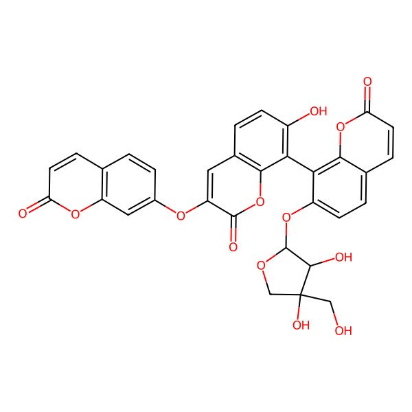 2D Structure of 8-[7-[(2S,3S,4R)-3,4-dihydroxy-4-(hydroxymethyl)oxolan-2-yl]oxy-2-oxochromen-8-yl]-7-hydroxy-3-(2-oxochromen-7-yl)oxychromen-2-one