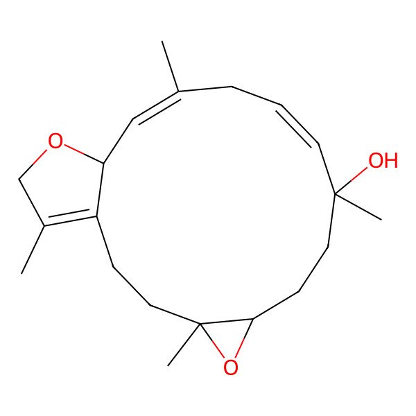 2D Structure of (4R,6R,9R,10E,13E,15S)-4,9,13,18-tetramethyl-5,16-dioxatricyclo[13.3.0.04,6]octadeca-1(18),10,13-trien-9-ol