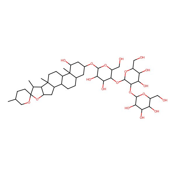 2D Structure of (2S,3R,4S,5S,6R)-2-[(2S,3R,4S,5S,6R)-2-[(2R,3S,4R,5R,6R)-4,5-dihydroxy-2-(hydroxymethyl)-6-[(1S,2S,4S,5'R,6R,7S,8R,9S,12S,13S,14R,16R,18S)-14-hydroxy-5',7,9,13-tetramethylspiro[5-oxapentacyclo[10.8.0.02,9.04,8.013,18]icosane-6,2'-oxane]-16-yl]oxyoxan-3-yl]oxy-4,5-dihydroxy-6-(hydroxymethyl)oxan-3-yl]oxy-6-(hydroxymethyl)oxane-3,4,5-triol