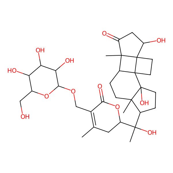 2D Structure of 2-[1-(2,13-Dihydroxy-6,10-dimethyl-11-oxo-5-pentacyclo[7.7.0.01,14.02,6.010,14]hexadecanyl)-1-hydroxyethyl]-4-methyl-5-[[3,4,5-trihydroxy-6-(hydroxymethyl)oxan-2-yl]oxymethyl]-2,3-dihydropyran-6-one