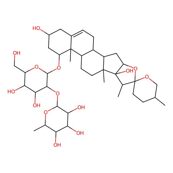 2D Structure of (2S,3R,4R,5R,6S)-2-[(2R,3R,4S,5S,6R)-2-[(1R,2S,4S,5'R,6R,7S,8S,9S,12S,13R,14R,16R)-8,16-dihydroxy-5',7,9,13-tetramethylspiro[5-oxapentacyclo[10.8.0.02,9.04,8.013,18]icos-18-ene-6,2'-oxane]-14-yl]oxy-4,5-dihydroxy-6-(hydroxymethyl)oxan-3-yl]oxy-6-methyloxane-3,4,5-triol