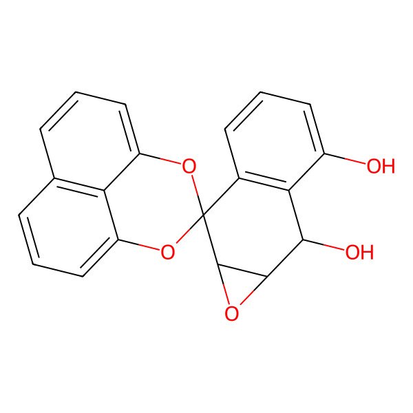 2D Structure of Spiro[naphtho[1,8-de]-1,3-dioxin-2,2'(7'H)-naphth[2,3-b]oxirene]-6',7'-diol, 1'a,7'a-dihydro-, (1a'R,7'S,7a'R)-