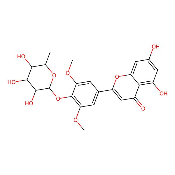 2D Structure of 2-[3,5-dimethoxy-4-[(3R,4R,5R,6S)-3,4,5-trihydroxy-6-methyloxan-2-yl]oxyphenyl]-5,7-dihydroxychromen-4-one