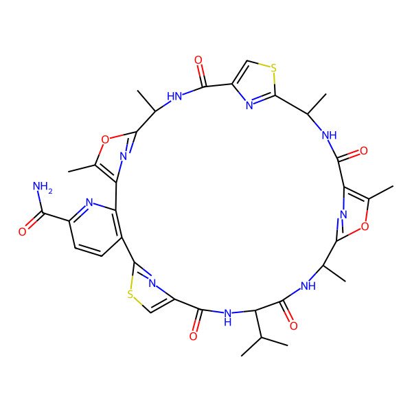 2D Structure of 9,12,19,23,26-Pentamethyl-14,21,28,31-tetraoxo-29-propan-2-yl-10,24-dioxa-17,34-dithia-6,13,20,27,30,35,36,37,38-nonazahexacyclo[30.2.1.18,11.115,18.122,25.02,7]octatriaconta-1(35),2(7),3,5,8,11(38),15,18(37),22,25(36),32-undecaene-5-carboxamide