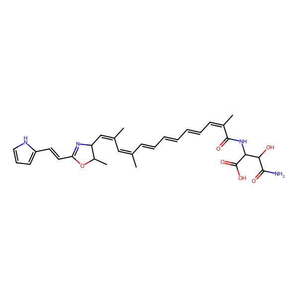 2D Structure of 4-amino-3-hydroxy-4-oxo-2-[[2,10,12-trimethyl-13-[5-methyl-2-[2-(1H-pyrrol-2-yl)ethenyl]-4,5-dihydro-1,3-oxazol-4-yl]trideca-2,4,6,8,10,12-hexaenoyl]amino]butanoic acid