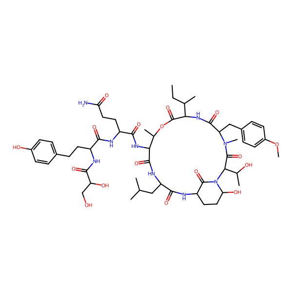 2D Structure of N-[8-butan-2-yl-21-hydroxy-2-(1-hydroxyethyl)-5-[(4-methoxyphenyl)methyl]-4,11-dimethyl-15-(2-methylpropyl)-3,6,9,13,16,22-hexaoxo-10-oxa-1,4,7,14,17-pentazabicyclo[16.3.1]docosan-12-yl]-2-[[2-(2,3-dihydroxypropanoylamino)-4-(4-hydroxyphenyl)butanoyl]amino]pentanediamide