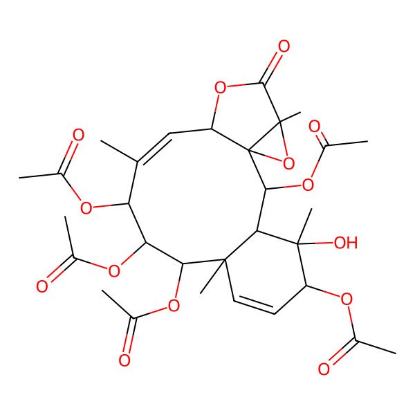 2D Structure of [(1S,2R,3S,4S,5R,8R,9R,10R,11S,12Z,14S,17R)-2,9,10,11-tetraacetyloxy-4-hydroxy-4,8,12,17-tetramethyl-16-oxo-15,18-dioxatetracyclo[12.4.0.01,17.03,8]octadeca-6,12-dien-5-yl] acetate