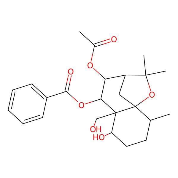 2D Structure of [(1R,2R,5R,6R,7R,8R,9R)-8-acetyloxy-5-hydroxy-6-(hydroxymethyl)-2,10,10-trimethyl-11-oxatricyclo[7.2.1.01,6]dodecan-7-yl] benzoate