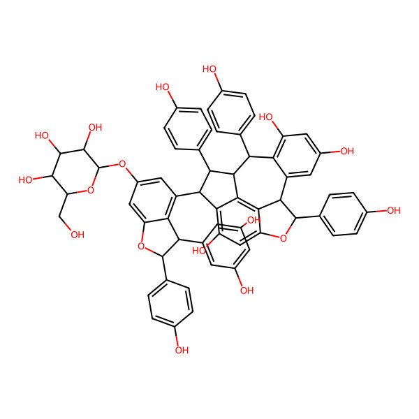 2D Structure of (1R,2S,3S,9R,10R,17R)-3-[(2R,3R)-3-(3,5-dihydroxyphenyl)-2-(4-hydroxyphenyl)-6-[(2S,3R,4S,5S,6R)-3,4,5-trihydroxy-6-(hydroxymethyl)oxan-2-yl]oxy-2,3-dihydro-1-benzofuran-4-yl]-2,9,17-tris(4-hydroxyphenyl)-8-oxapentacyclo[8.7.2.04,18.07,19.011,16]nonadeca-4(18),5,7(19),11(16),12,14-hexaene-5,13,15-triol