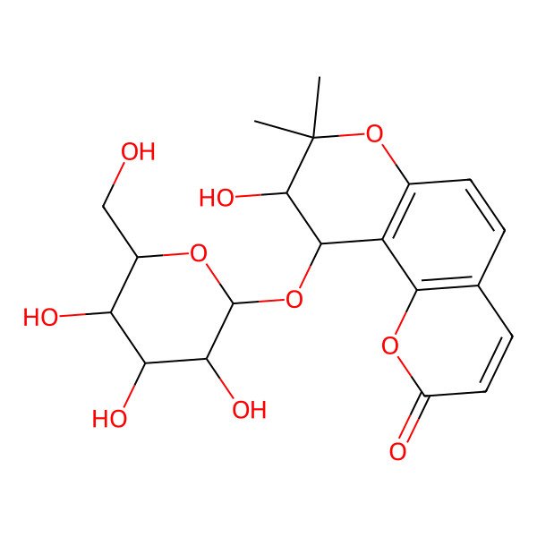 2D Structure of (9S,10R)-9-hydroxy-8,8-dimethyl-10-[(2R,3R,4S,5S,6R)-3,4,5-trihydroxy-6-(hydroxymethyl)oxan-2-yl]oxy-9,10-dihydropyrano[2,3-f]chromen-2-one