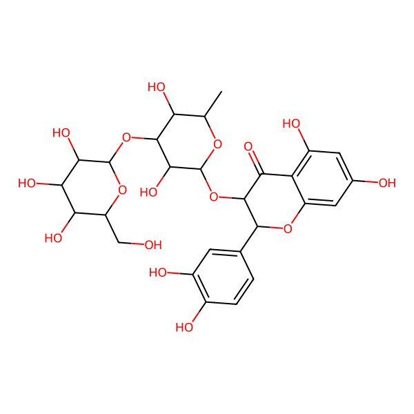 2D Structure of (2R,3R)-3-[(2S,3R,4R,5S,6S)-3,5-dihydroxy-6-methyl-4-[(2S,3R,4S,5S,6R)-3,4,5-trihydroxy-6-(hydroxymethyl)oxan-2-yl]oxyoxan-2-yl]oxy-2-(3,4-dihydroxyphenyl)-5,7-dihydroxy-2,3-dihydrochromen-4-one