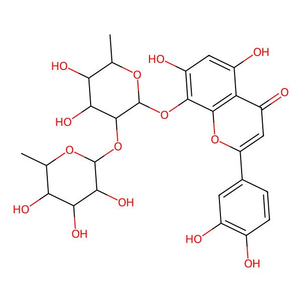 2D Structure of 8-[(2S,3R,4S,5S,6R)-4,5-dihydroxy-6-methyl-3-[(2S,3R,4R,5R,6S)-3,4,5-trihydroxy-6-methyloxan-2-yl]oxyoxan-2-yl]oxy-2-(3,4-dihydroxyphenyl)-5,7-dihydroxychromen-4-one