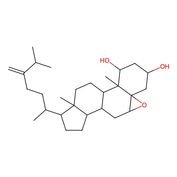 2D Structure of 2,16-Dimethyl-15-(6-methyl-5-methylideneheptan-2-yl)-8-oxapentacyclo[9.7.0.02,7.07,9.012,16]octadecane-3,5-diol