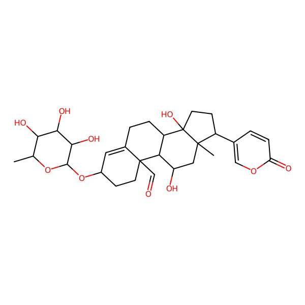 2D Structure of (3S,8R,9S,10S,11R,13R,14S,17R)-11,14-dihydroxy-13-methyl-17-(6-oxopyran-3-yl)-3-[(2R,3R,4R,5R,6S)-3,4,5-trihydroxy-6-methyloxan-2-yl]oxy-1,2,3,6,7,8,9,11,12,15,16,17-dodecahydrocyclopenta[a]phenanthrene-10-carbaldehyde