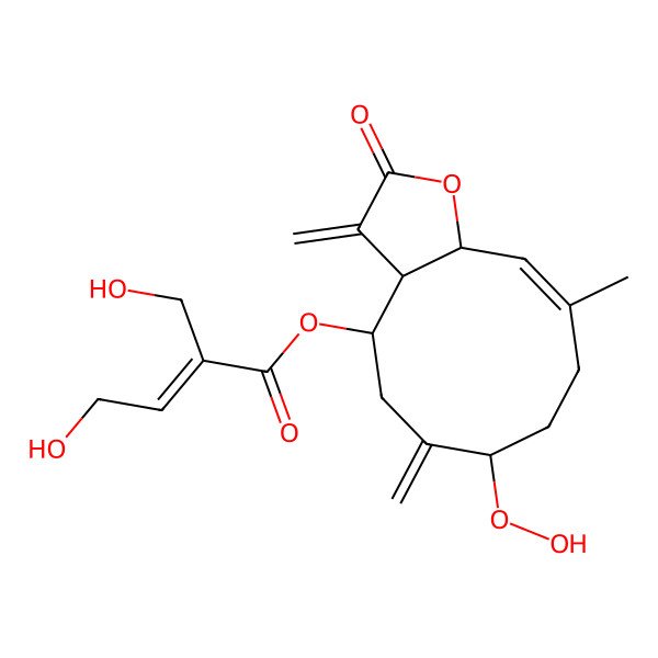2D Structure of (7-hydroperoxy-10-methyl-3,6-dimethylidene-2-oxo-4,5,7,8,9,11a-hexahydro-3aH-cyclodeca[b]furan-4-yl) 4-hydroxy-2-(hydroxymethyl)but-2-enoate