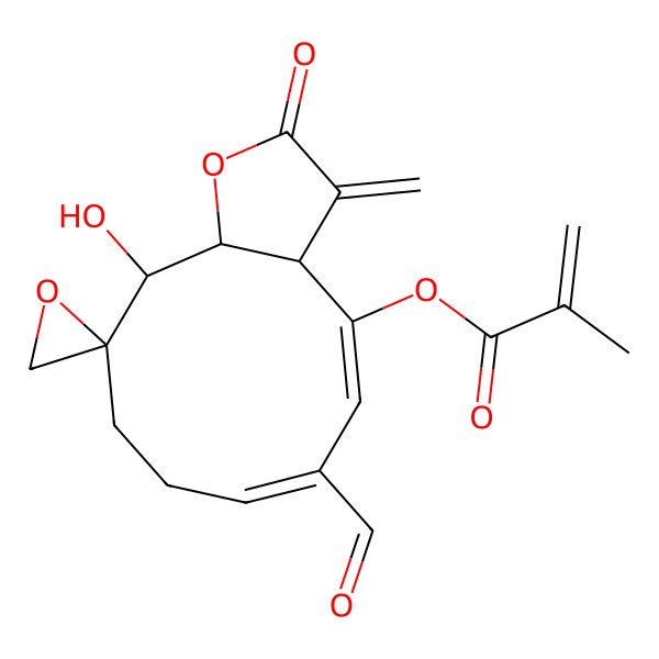 2D Structure of [(3aS,4E,6E,10R,11R,11aS)-6-formyl-11-hydroxy-3-methylidene-2-oxospiro[8,9,11,11a-tetrahydro-3aH-cyclodeca[b]furan-10,2'-oxirane]-4-yl] 2-methylprop-2-enoate