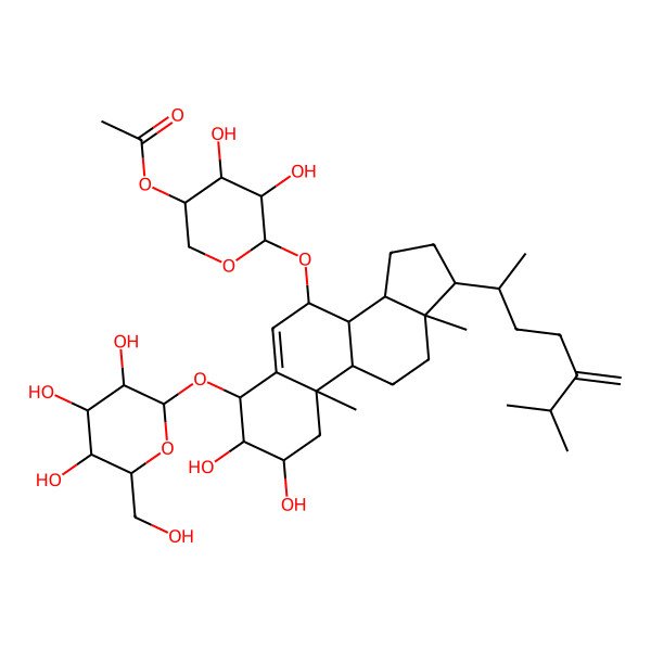 2D Structure of [(3R,4R,5R,6S)-6-[[(2R,3S,4R,7S,8S,9S,10R,13R,14S,17R)-2,3-dihydroxy-10,13-dimethyl-17-[(2R)-6-methyl-5-methylideneheptan-2-yl]-4-[(2R,3R,4S,5R,6R)-3,4,5-trihydroxy-6-(hydroxymethyl)oxan-2-yl]oxy-2,3,4,7,8,9,11,12,14,15,16,17-dodecahydro-1H-cyclopenta[a]phenanthren-7-yl]oxy]-4,5-dihydroxyoxan-3-yl] acetate