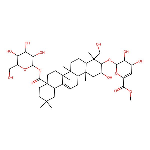 2D Structure of methyl (2R,3R,4S)-2-[[(2S,3R,4R,4aR,6aR,6bS,8aS,12aS,14aR,14bR)-2-hydroxy-4-(hydroxymethyl)-4,6a,6b,11,11,14b-hexamethyl-8a-[(2S,3R,4S,5S,6R)-3,4,5-trihydroxy-6-(hydroxymethyl)oxan-2-yl]oxycarbonyl-1,2,3,4a,5,6,7,8,9,10,12,12a,14,14a-tetradecahydropicen-3-yl]oxy]-3,4-dihydroxy-3,4-dihydro-2H-pyran-6-carboxylate