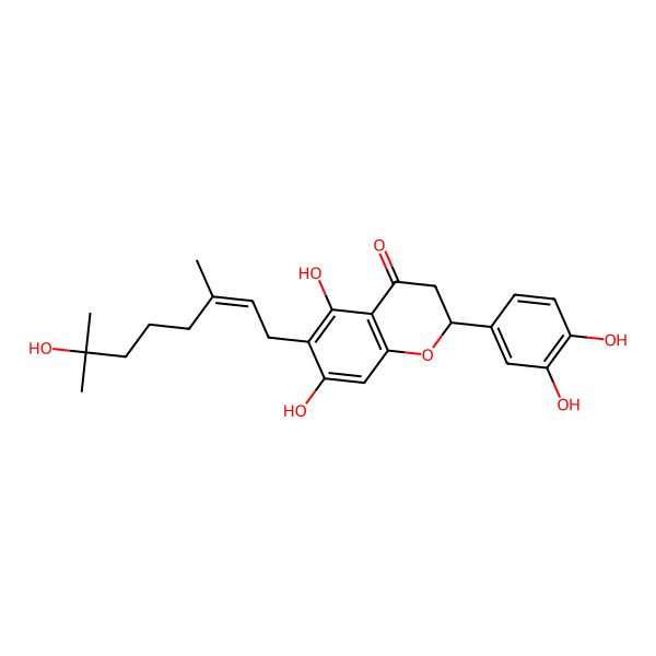 2D Structure of (2S)-2-(3,4-dihydroxyphenyl)-5,7-dihydroxy-6-[(E)-7-hydroxy-3,7-dimethyloct-2-enyl]-2,3-dihydrochromen-4-one