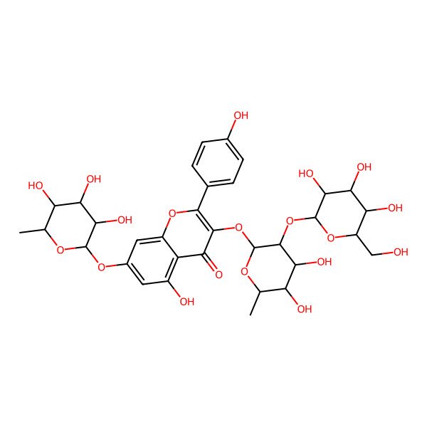 2D Structure of 3-[(2S,3R,4R,5R,6S)-4,5-dihydroxy-6-methyl-3-[(2S,3R,4S,5S,6R)-3,4,5-trihydroxy-6-(hydroxymethyl)oxan-2-yl]oxyoxan-2-yl]oxy-5-hydroxy-2-(4-hydroxyphenyl)-7-[(2S,3R,4R,5R,6S)-3,4,5-trihydroxy-6-methyloxan-2-yl]oxychromen-4-one