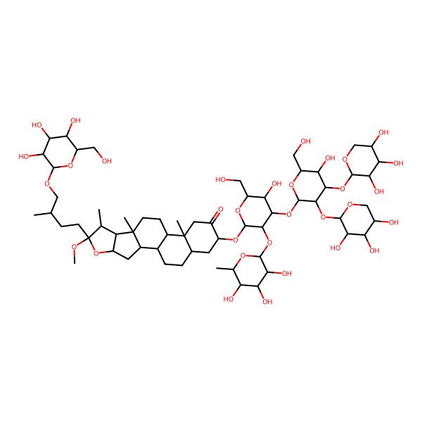 2D Structure of (1R,2R,4R,6R,7S,8R,9S,12S,13S,16R,18S)-16-[(2S,3R,4S,5R,6R)-5-hydroxy-4-[(2S,3R,4S,5R,6R)-5-hydroxy-6-(hydroxymethyl)-4-[(2S,3R,4S,5R)-3,4,5-trihydroxyoxan-2-yl]oxy-3-[(2S,3R,4S,5S)-3,4,5-trihydroxyoxan-2-yl]oxyoxan-2-yl]oxy-6-(hydroxymethyl)-3-[(2S,3R,4R,5R,6S)-3,4,5-trihydroxy-6-methyloxan-2-yl]oxyoxan-2-yl]oxy-6-methoxy-7,9,13-trimethyl-6-[(3S)-3-methyl-4-[(2R,3R,4S,5S,6R)-3,4,5-trihydroxy-6-(hydroxymethyl)oxan-2-yl]oxybutyl]-5-oxapentacyclo[10.8.0.02,9.04,8.013,18]icosan-15-one