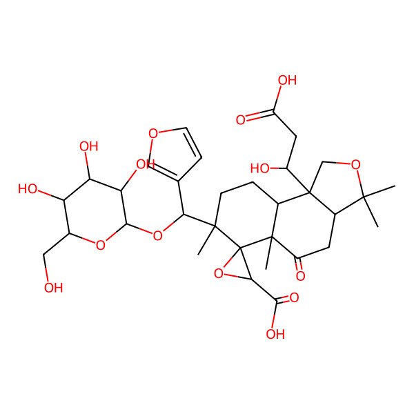 2D Structure of (2'S,3aR,5aR,6R,7S,9aR,9bS)-9b-[(1R)-2-carboxy-1-hydroxyethyl]-7-[(S)-furan-3-yl-[(2R,3R,4S,5S,6R)-3,4,5-trihydroxy-6-(hydroxymethyl)oxan-2-yl]oxymethyl]-3,3,5a,7-tetramethyl-5-oxospiro[1,3a,4,8,9,9a-hexahydrobenzo[e][2]benzofuran-6,3'-oxirane]-2'-carboxylic acid
