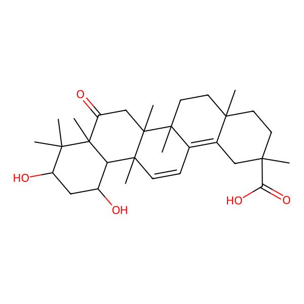 2D Structure of (2R,4aR,6aS,6aR,6bR,8aR,10S,12R,12aR)-10,12-dihydroxy-2,4a,6a,6a,6b,8a,9,9-octamethyl-8-oxo-1,3,4,5,6,7,10,11,12,12a-decahydropicene-2-carboxylic acid