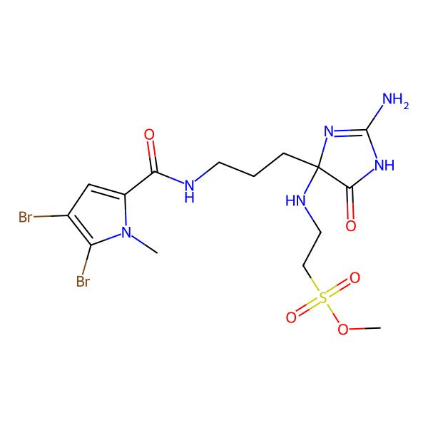 2D Structure of methyl 2-[[(4R)-2-amino-4-[3-[(4,5-dibromo-1-methylpyrrole-2-carbonyl)amino]propyl]-5-oxo-1H-imidazol-4-yl]amino]ethanesulfonate